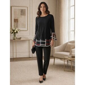 Joseph Ribkoff Black Tunic Top Red White Contrast Size 16 Made in Canada